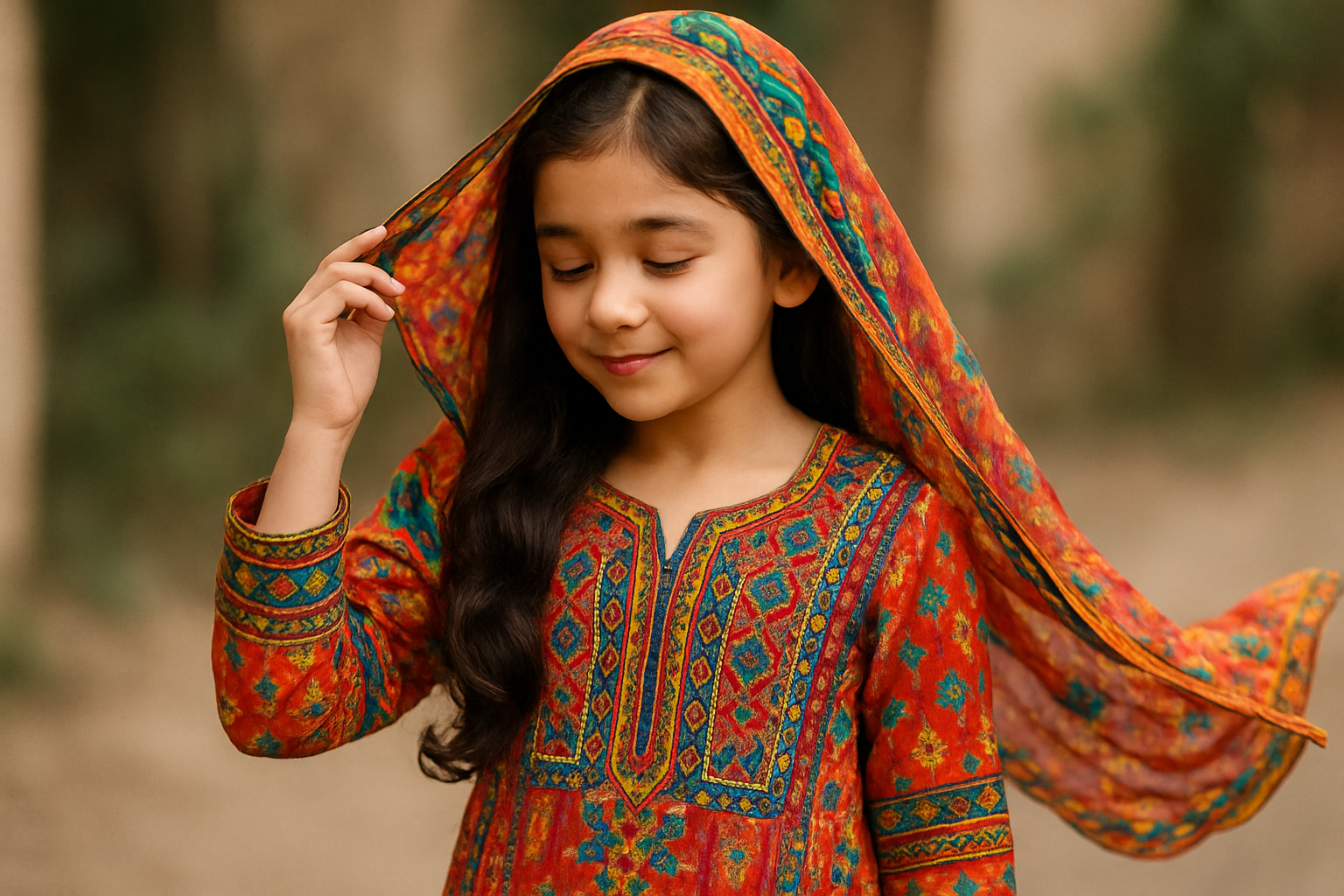 baby girl age around 10 years tilting her dupatta in pakistani dress